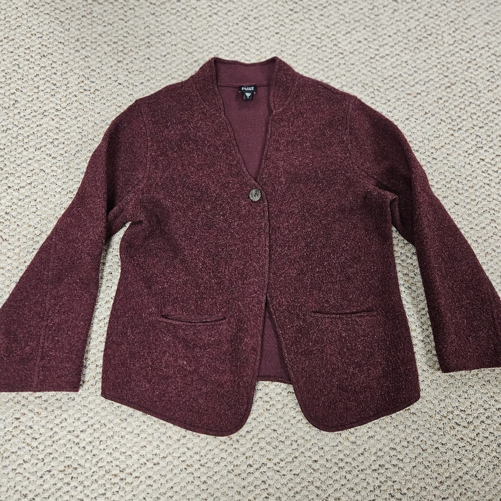 Eileen Fisher Textured Maroon Lambs Wool One Button Jacket Cardigan - Large